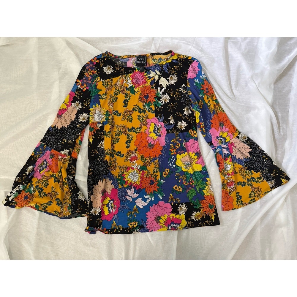 Coco Bianco Womens Sz M Bright Floral Pullover Bell Sleeve Top Blouse Retro